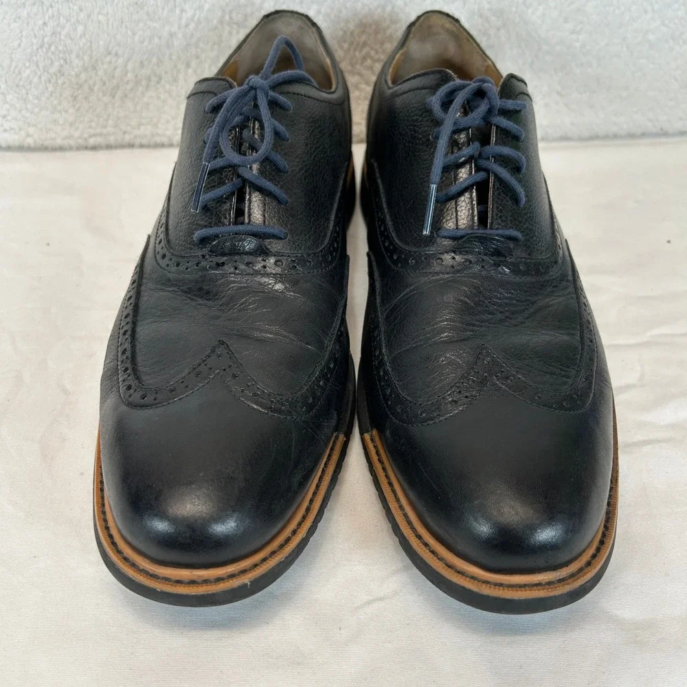 Cole Haan Mens Black Pebbled Leather Wingtip Oxford Dress Shoes Size 13